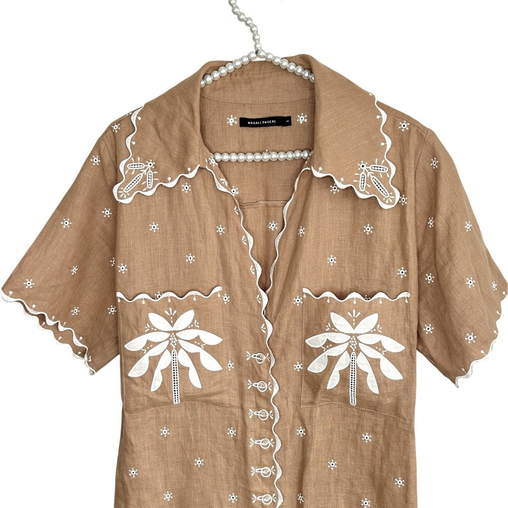 Magali Pascal Palmiere Linen Shirt Dress S Boho Resort Embroidered Tropical Mini - Picture 3 of 11
